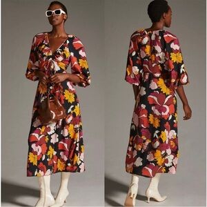 Anthropologie Maeve Deep-V Ruched Midi Maxi Dress - Black Pink Yellow Red